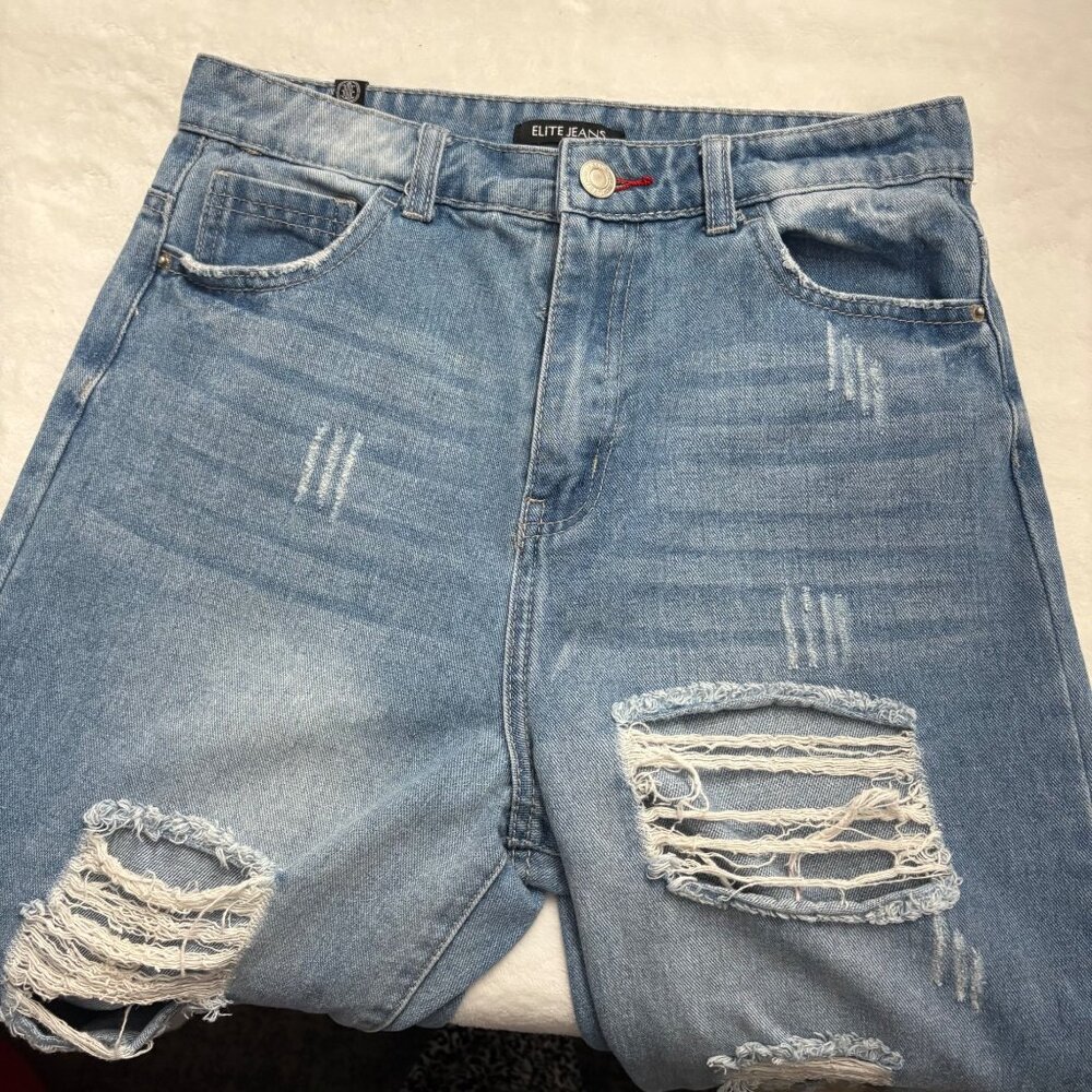 Distressed Blue High-Waisted Mom Jeans By Elite Jeans Size 7/28 - Picture 9 of 11